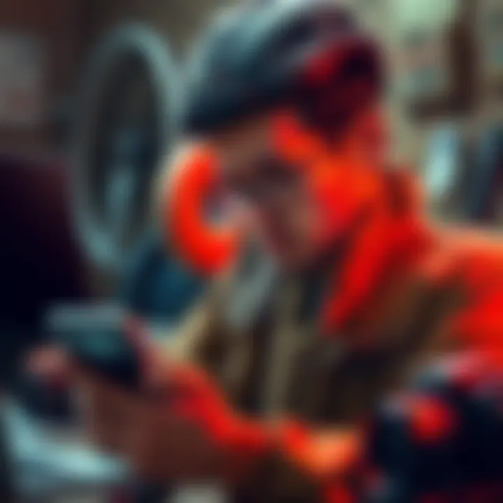A gig worker looking at their phone with a disappointed expression, surrounded by tools symbolizing freelance work like a laptop and camera, representing delayed payments.