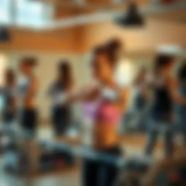 A university student awkwardly attempting a pilates move while adjusting her sports bra, surrounded by experienced participants in a girls-only class.