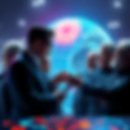 A group of world leaders discussing technology integration with Chainlink's logo in the background
