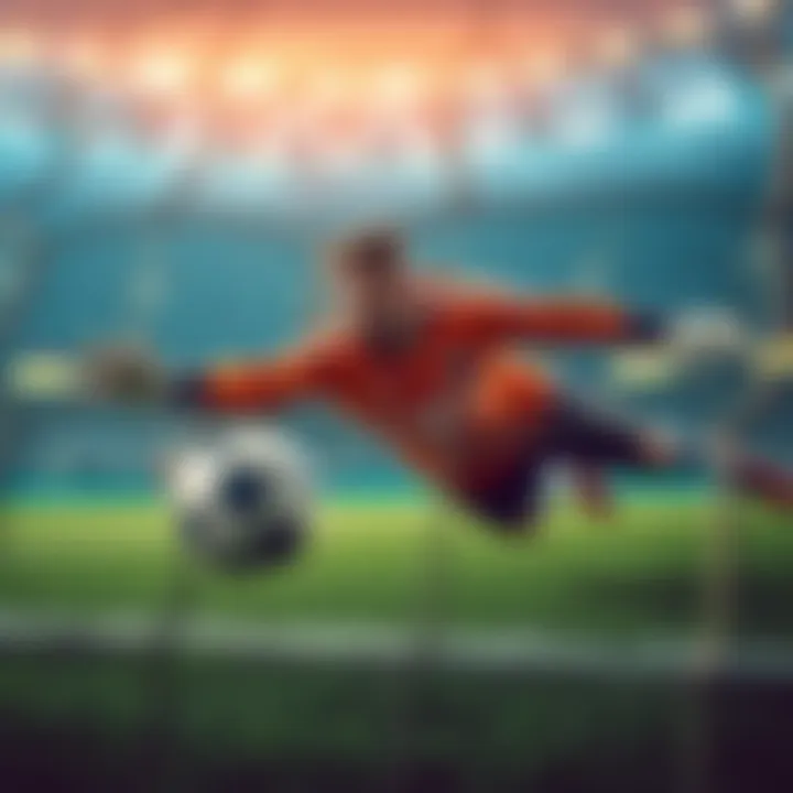 A goalkeeper diving to save a soccer ball during a match