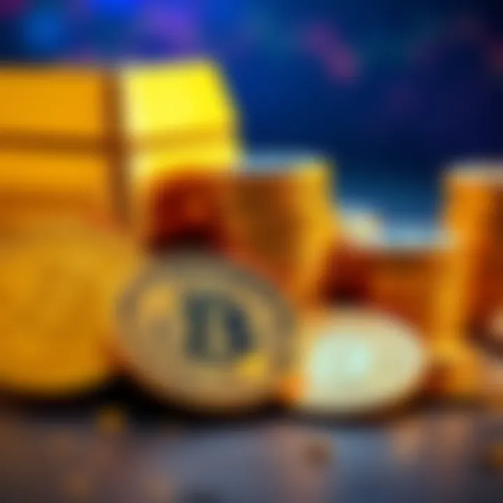 A stack of gold bars next to digital coins representing tokenized gold investments