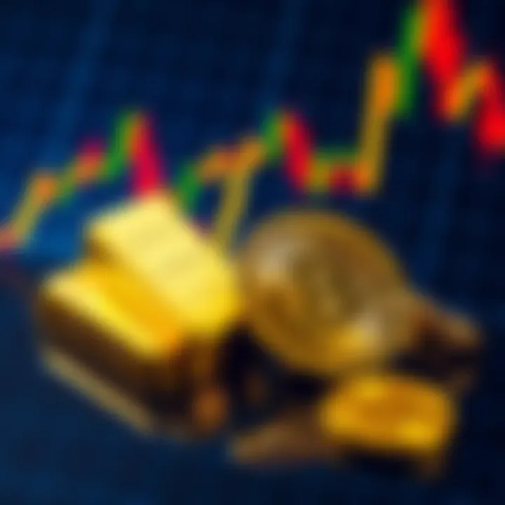 Gold bars and Bitcoin coins on a stock market graph background, highlighting market trends for 2025