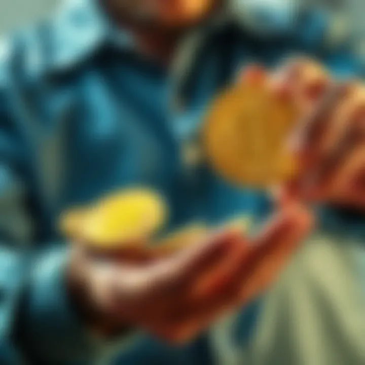 A person holding gold coins in one hand and a Bitcoin in the other, depicting the trade from traditional assets to cryptocurrency.