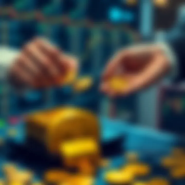 A person exchanging gold coins for Bitcoin on a digital platform, symbolizing a financial shift.