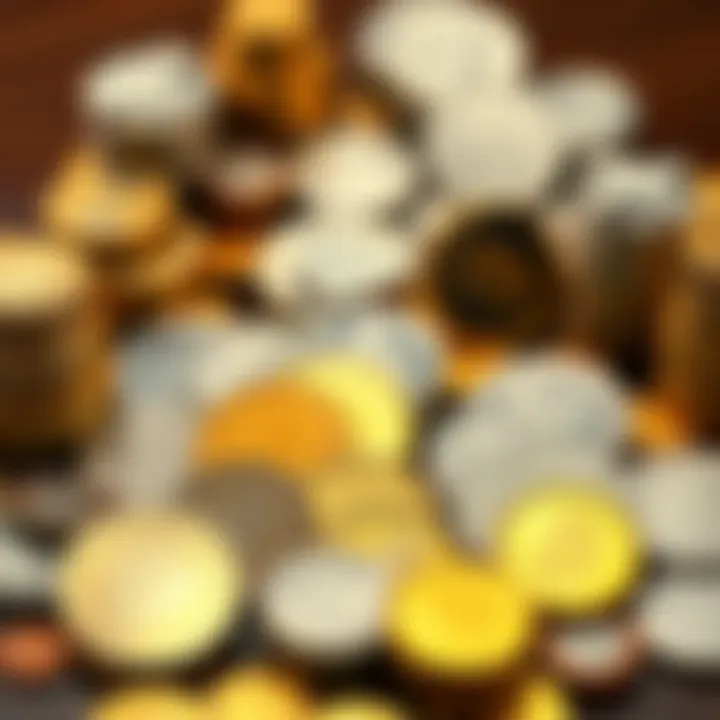 A variety of gold and silver coins, including Morgans and Japanese Koban, displayed together on a table for sale