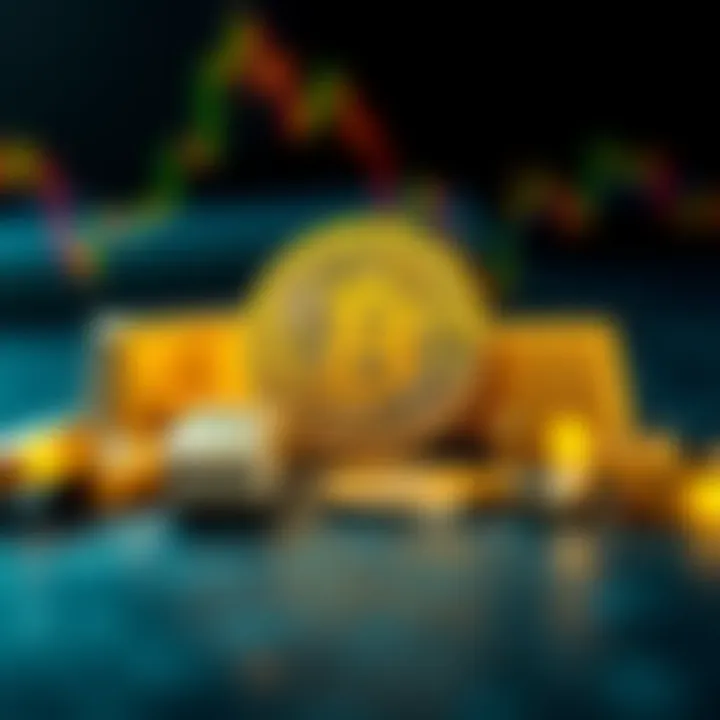 A visual comparison of gold bars and Bitcoin symbols, showcasing their market influence and price trends.