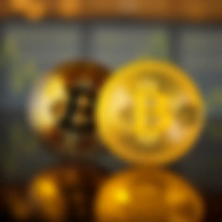 A gold coin next to a Bitcoin symbol, illustrating the comparison between gold and Bitcoin as investment assets.