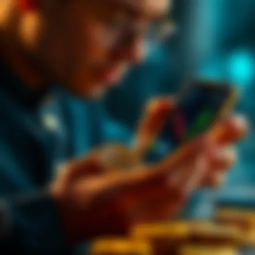 A person holding gold coins and looking at a Bitcoin chart on a smartphone, contemplating an investment decision.