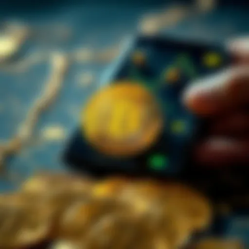 A gold coin displayed on a smartphone screen representing digital gold assets.