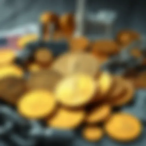 A collection of gold coins surrounded by symbols of American history, like a shackled chain for slavery, a factory for the Gilded Age, and a stock market crash graph for the Great Depression
