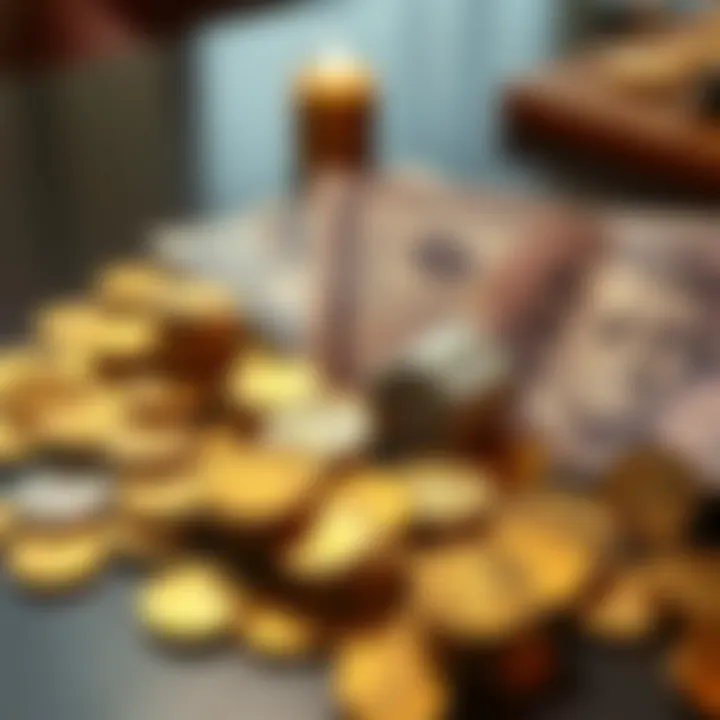 A table displaying gold coins alongside paper currency, representing the shift from the Gold Standard.