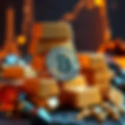 Gold bars stacked with a digital Bitcoin symbol in decline