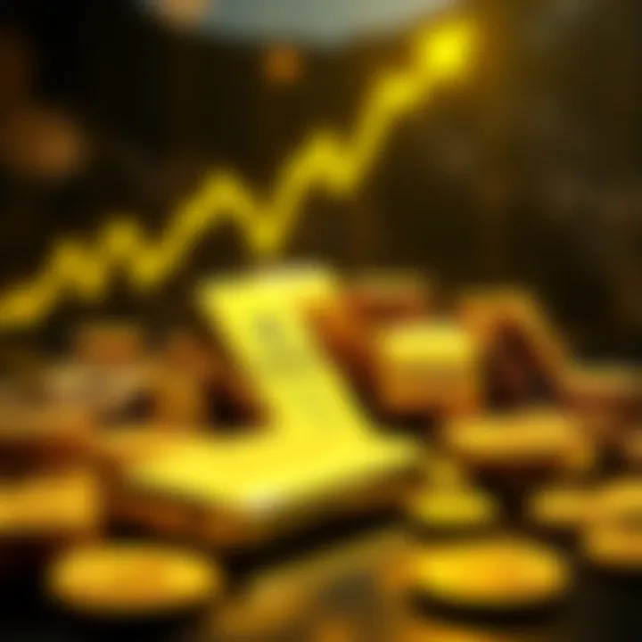 A collection of gold bars and coins in front of a graph showing rising trends, reflecting the recent increase in gold prices due to economic factors.