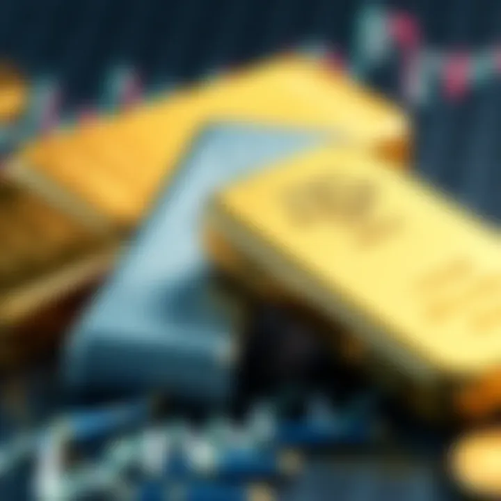 Close-up of gold and silver bars next to a graph showing rising prices