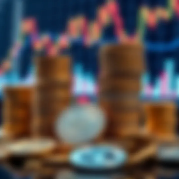 Stacks of gold and silver coins with a backdrop of stock market charts showing upward trends