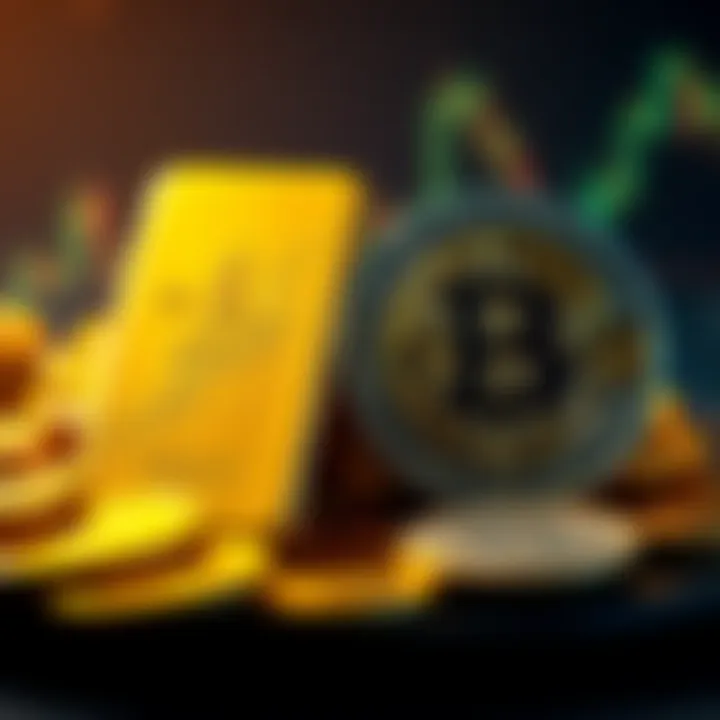 A side-by-side comparison of gold bars and cryptocurrency coins, showing their current market values and trends.