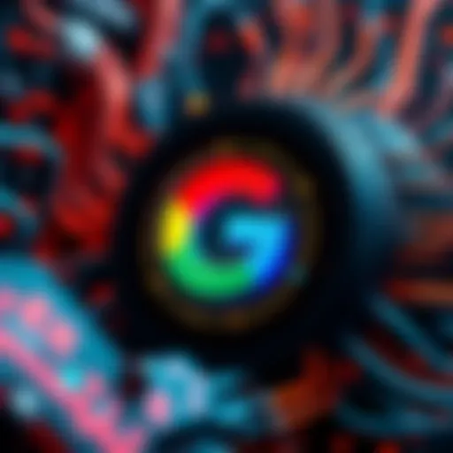 Google logo alongside a visual representation of cryptocurrency mining technology