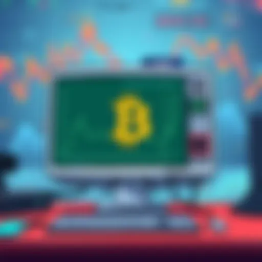 A cartoonish illustration of a computer with a Bitcoin symbol, surrounded by futuristic charts and graphs depicting price fluctuations, with a humorous expression on the screen.