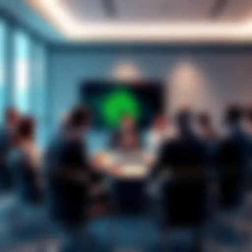A group of professionals discussing the PFMS initiative and its role in promoting Cardano in a conference room