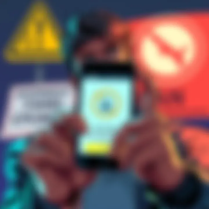 The illustration shows a person looking upset while holding a phone displaying a locked crypto exchange app, with a background of a warning sign about Buttcoins being illegal.