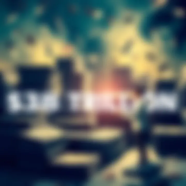 A visual representation of $38 trillion in government debt with stacks of money and a worried person