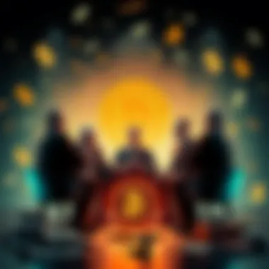 A group of government officials discussing Bitcoin as a scam, with currency symbols in the background, showing tension over digital assets and traditional money issues.