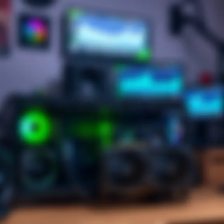 A GPU mining rig displaying multiple graphics cards, connected to an energy monitor, in a home office setting.