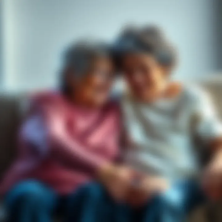 An elderly woman and a young child sitting together on a couch, smiling and sharing a moment, showcasing their close bond.