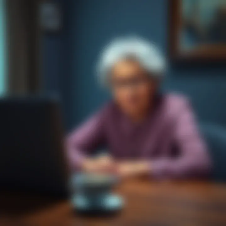 An elderly woman sitting at a table with a worried expression, looking at her laptop screen showing declining cryptocurrency prices, with a cup of coffee beside her.
