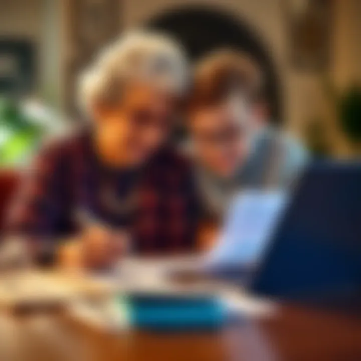 An elderly woman sitting at a table with her grandchild, reviewing investment papers and charts together on a laptop, showing a familial bond and merging of tradition with finance.