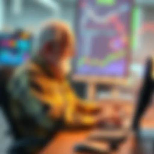 An older man sitting at a computer, looking at Bitcoin charts with curiosity and excitement