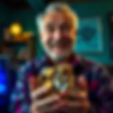A person holding a collection of coins, smiling with excitement after finding hidden treasures.