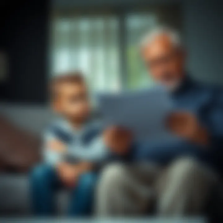 A grandson sits on a couch, looking worried while his grandfather reads a document about finances, showing concern about a failed investment.