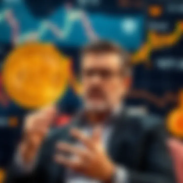 Grant Cardone speaking about Bitcoin's future as a mainstream currency with charts and graphs in the background