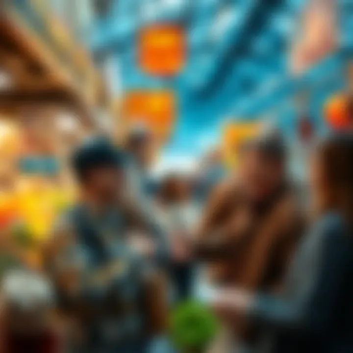 A vibrant marketplace scene showing smiling buyers thanking sellers. It highlights the positive connection between them, symbolizing gratitude for their contributions to the market.