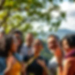 Expressions of Gratitude A group of diverse people sharing smiles and expressing gratitude outdoors, surrounded by nature