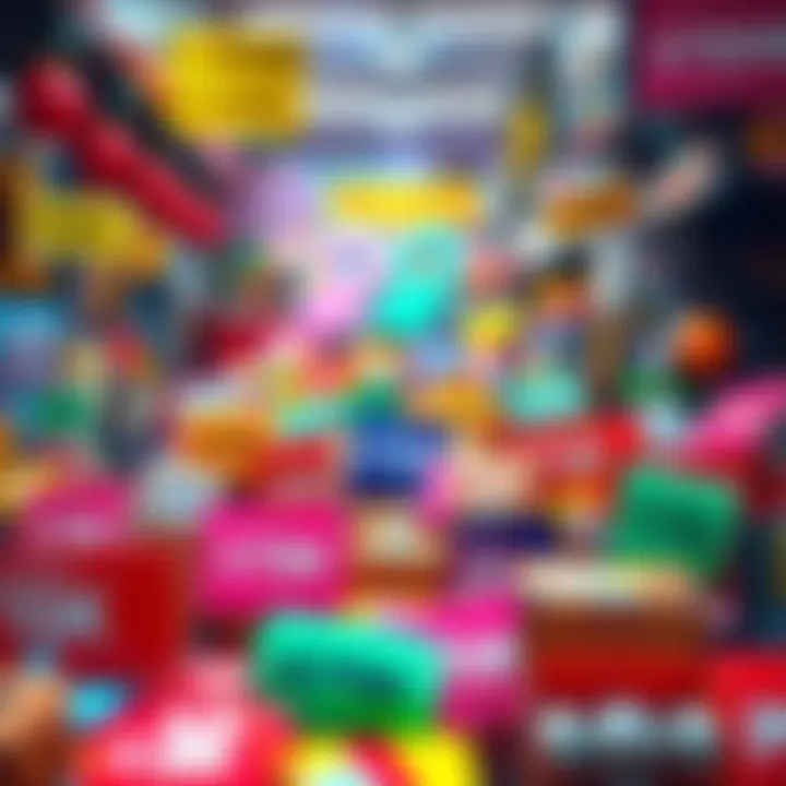 A vibrant display of items priced under 100k with price tags showing $70k. Colorful signs promoting limited-time offers.