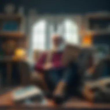 A great grandfather sitting in a cozy living room, expressing concerns about Bitcoin while holding a newspaper with financial news.