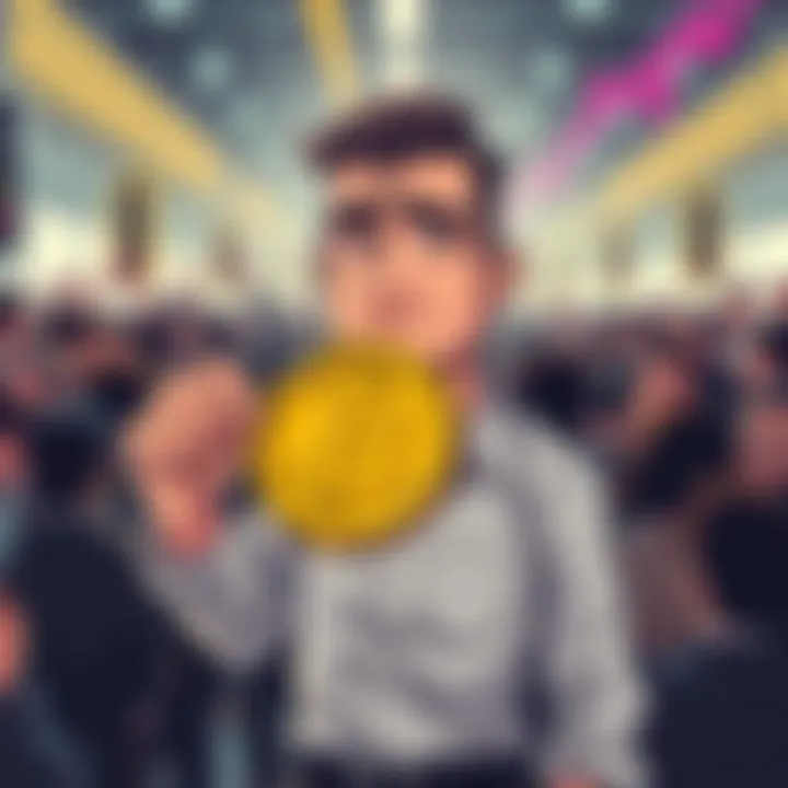 A cartoon depiction of a person holding a Bitcoin symbol with a crowd of people looking on. The person appears smug, showing a sense of confidence amid a chaotic market. The background suggests rising prices and trends in cryptocurrency.