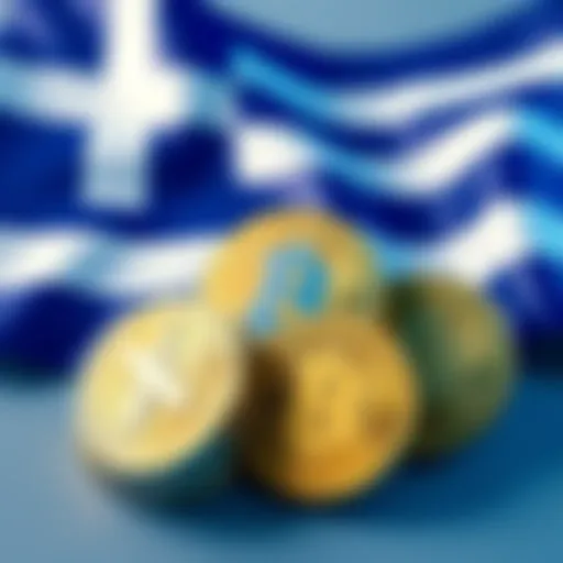 Greece Cryptocurrency Tax A graphic showing a Greek flag alongside coins representing cryptocurrencies with a tax symbol, highlighting the new capital gains tax.