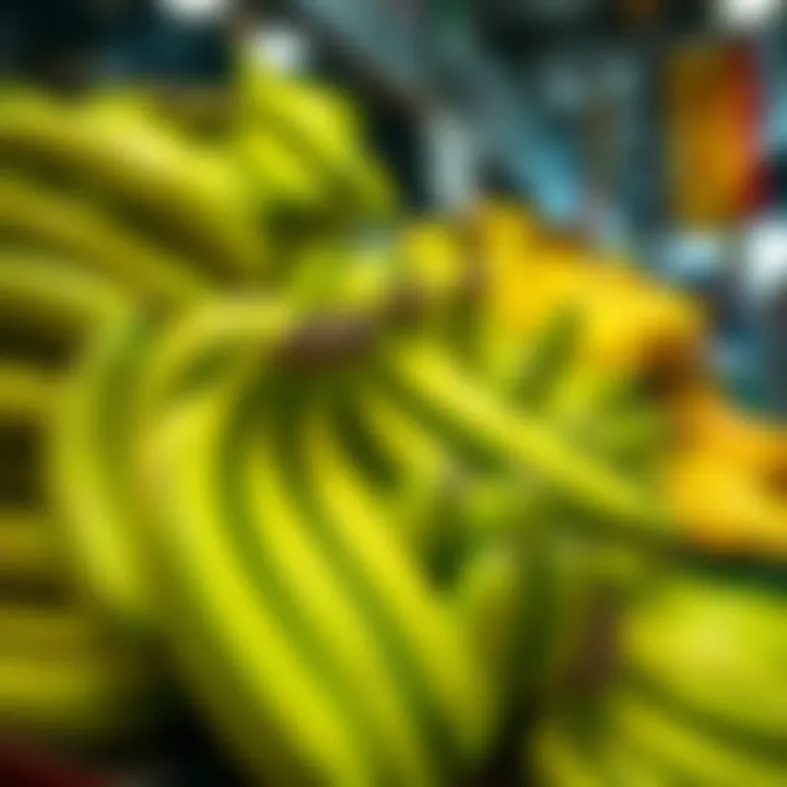 A bunch of green bananas displayed at a market, emphasizing their fresh and vibrant appearance.