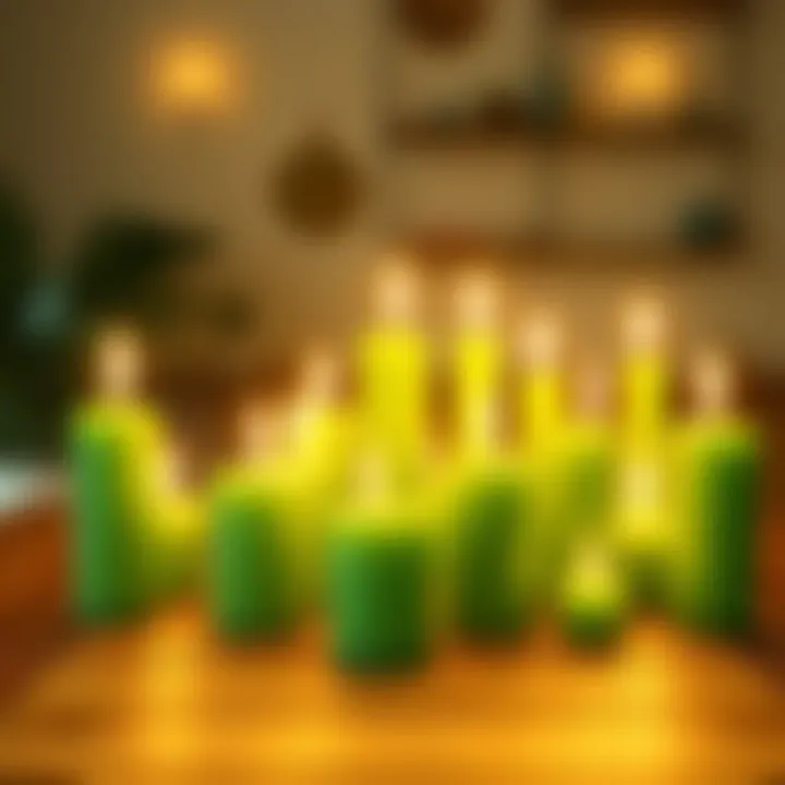 A collection of green candles lit on a wooden table, creating a warm and inviting atmosphere.