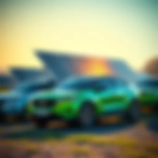 General Motors showcasing new green energy technologies with sustainable vehicles and solar panels in a bright setting