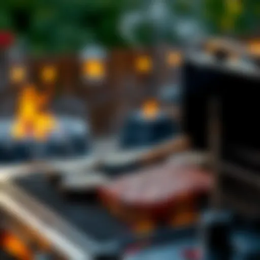 A person grilling a juicy steak on a barbecue, with smoke rising and a backyard setting