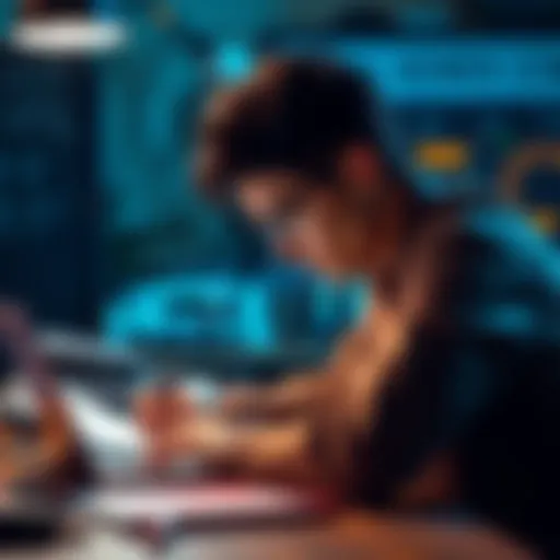 A person focused on grinding tasks with a laptop and notes, showing determination and productivity.