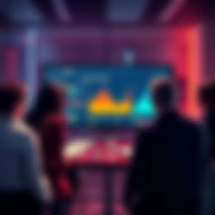 A group of professionals engaged in a discussion about strategic planning, with charts and graphs displayed on a screen