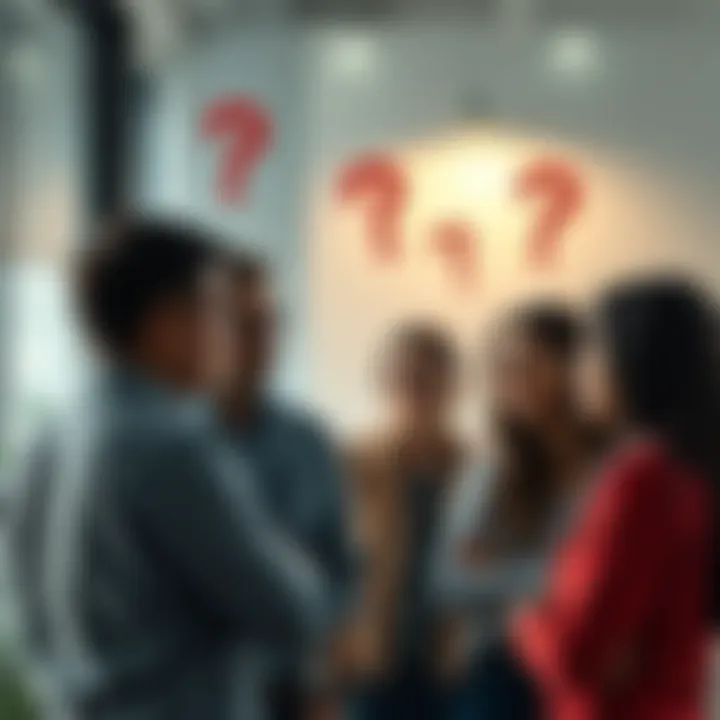 Group of people discussing Several people engaged in a conversation with question marks above their heads, symbolizing confusion over the term 'they'.