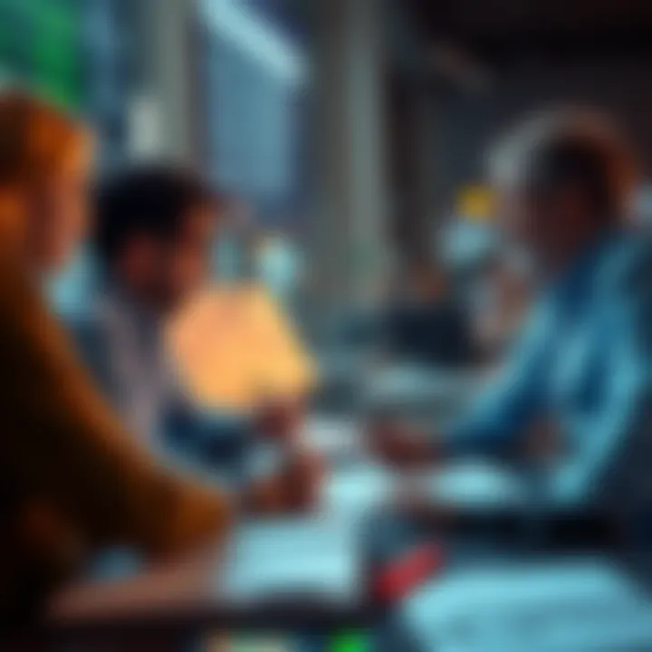 A group of people engaged in a discussion about trading strategies and current events, with notes and charts in front of them.