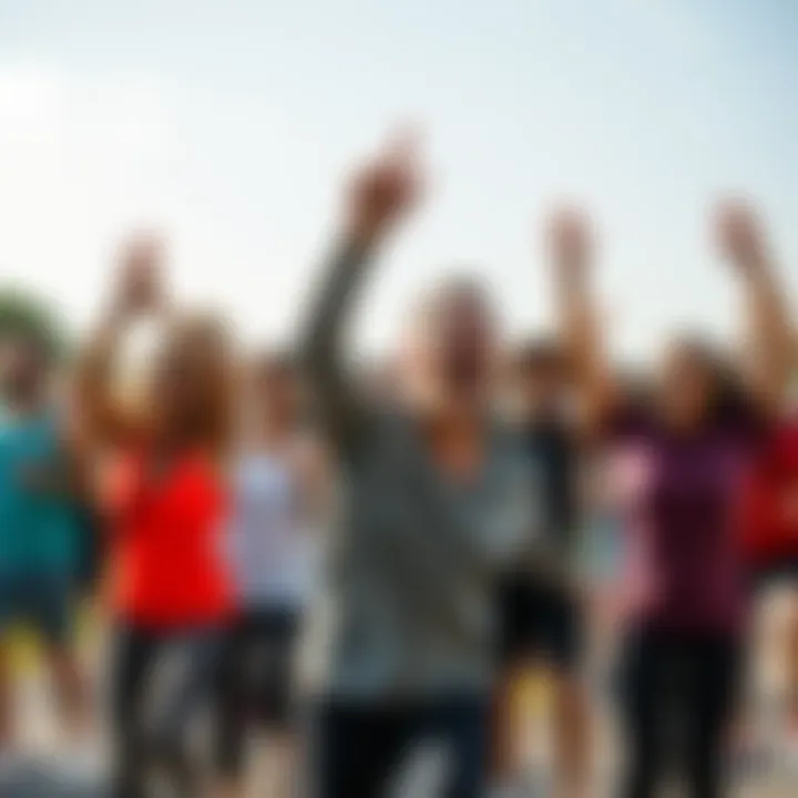 A diverse group of people participating in a lively outdoor workout session, showing energy and enthusiasm for fitness.