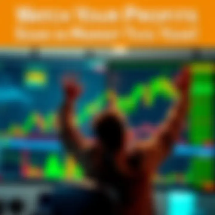 A person celebrating as stock market graphs show rising profits on a screen